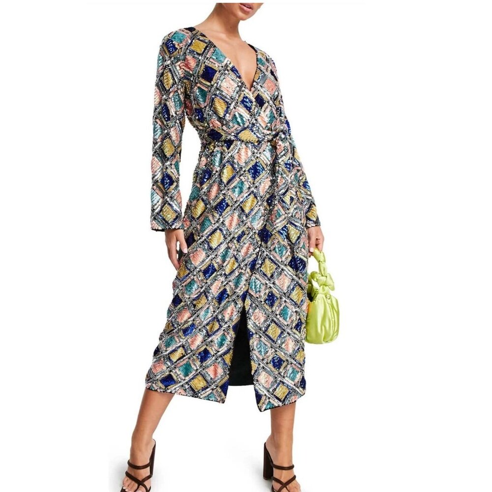 ASOS Diamond Belted Wrap Midi Dress- Size 6